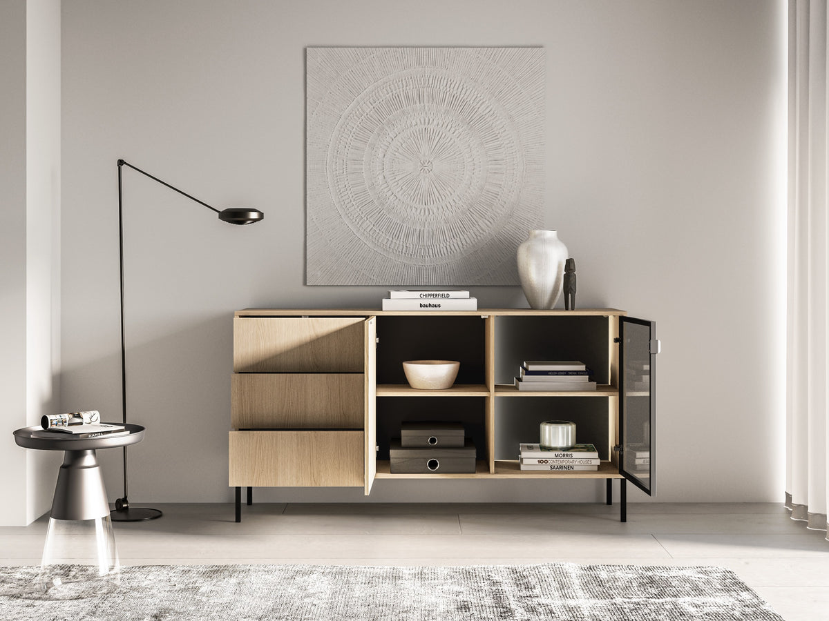 Commode 2 portes Barnee avec tiroirs et éclairage 160 cm chêne Lindberg