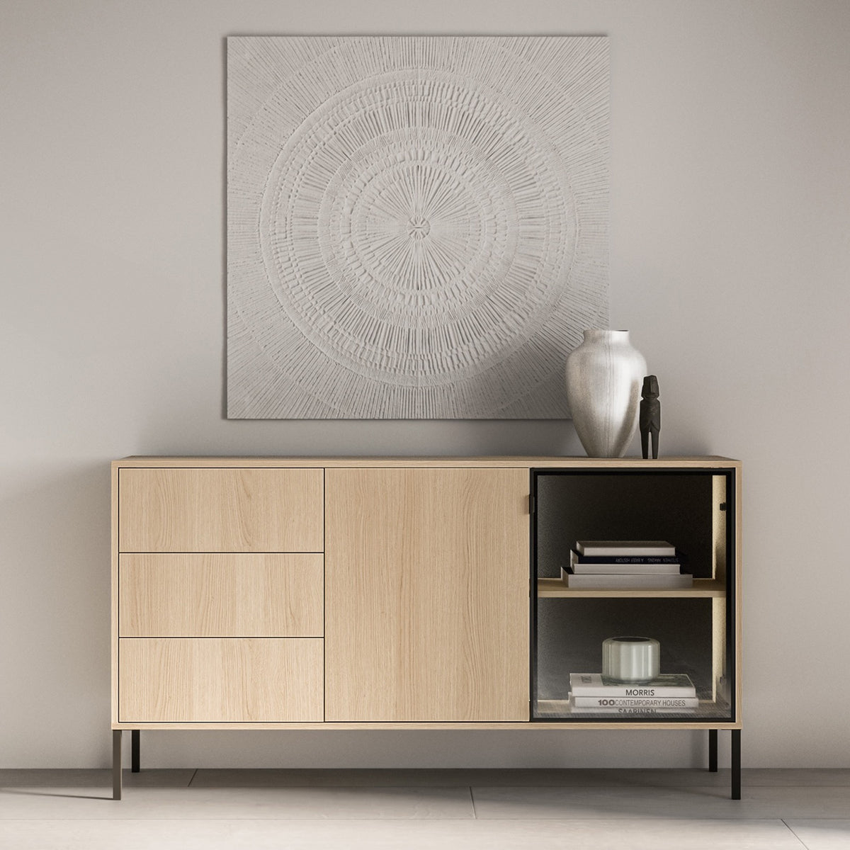 Commode 2 portes Barnee avec tiroirs et éclairage 160 cm chêne Lindberg