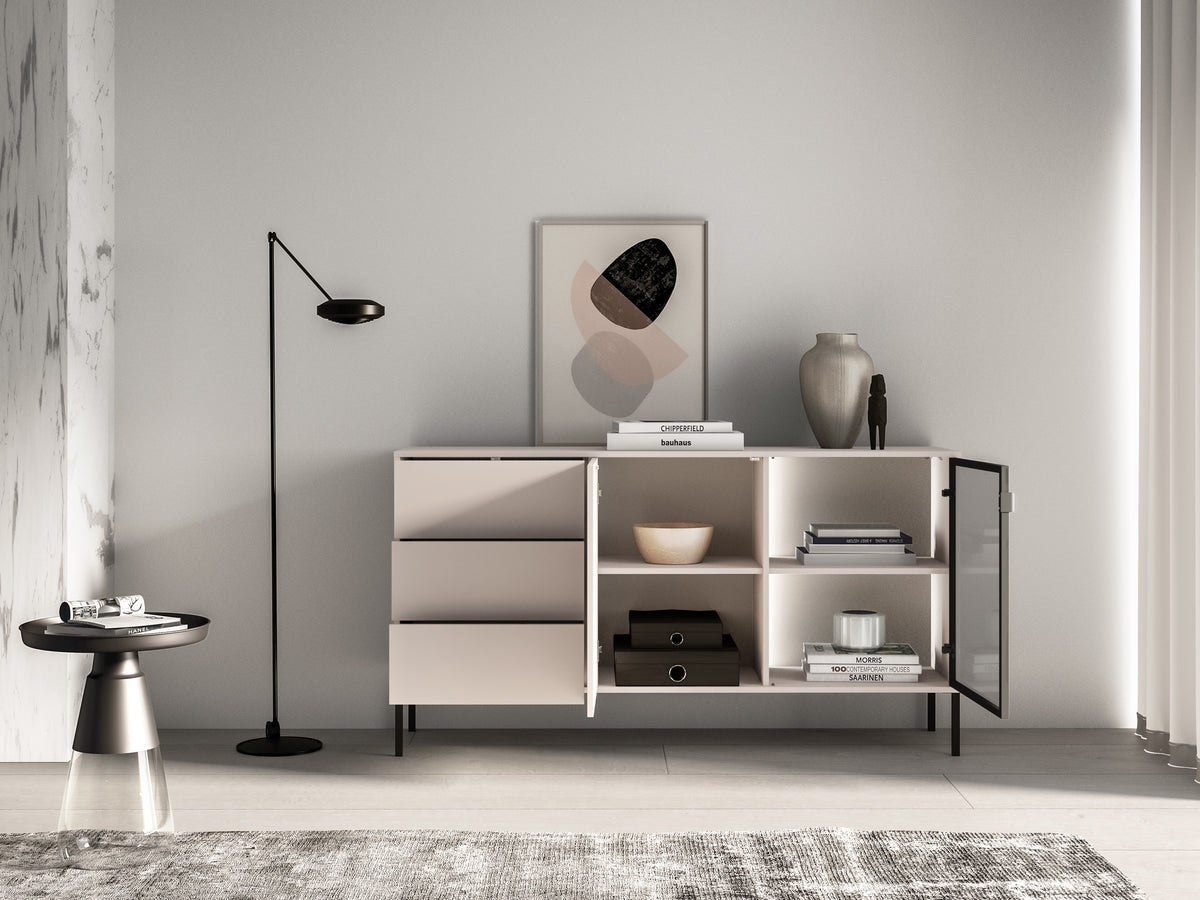 Commode 2 portes Barnee avec tiroirs et éclairage 160 cm cachemire