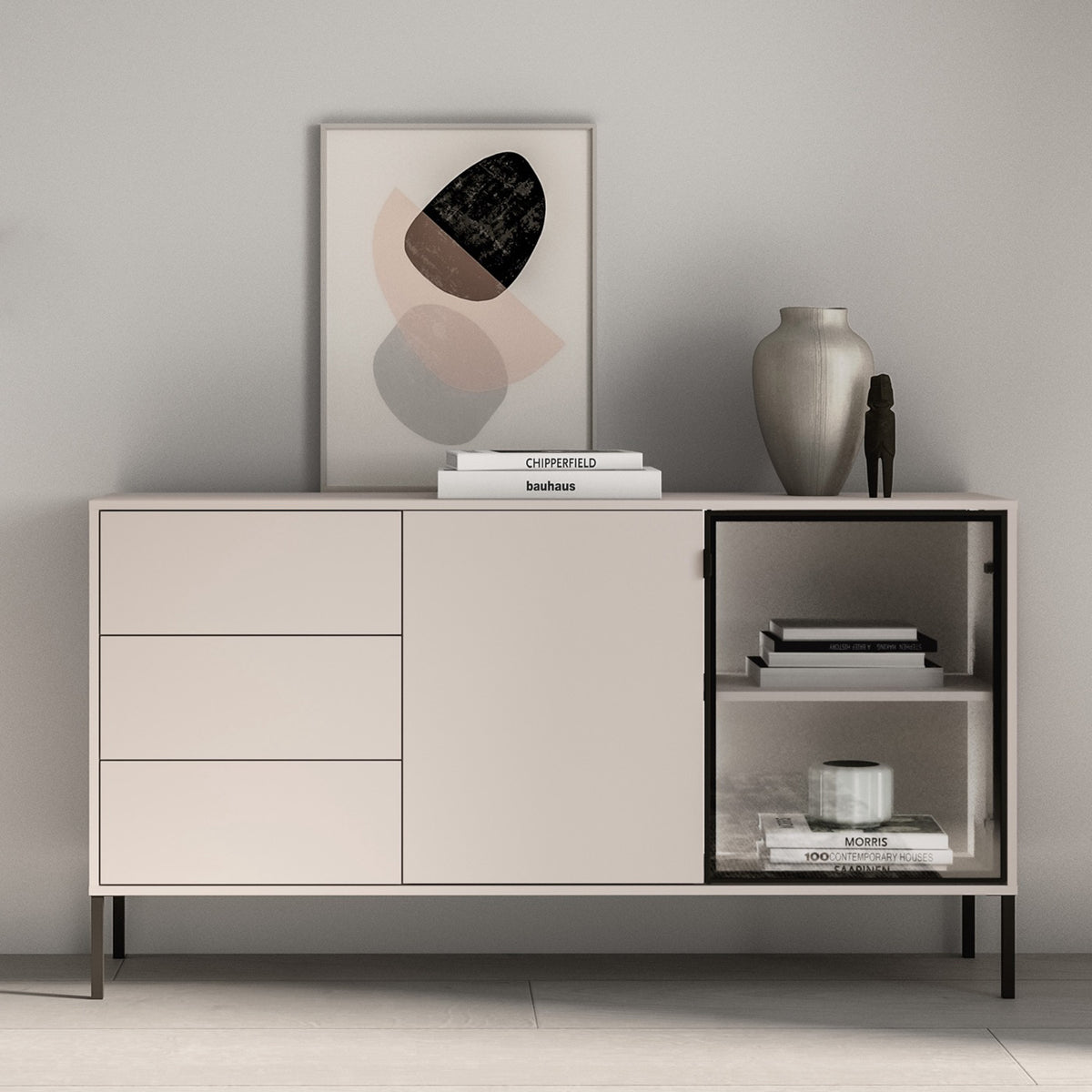 Commode 2 portes Barnee avec tiroirs et éclairage 160 cm cachemire