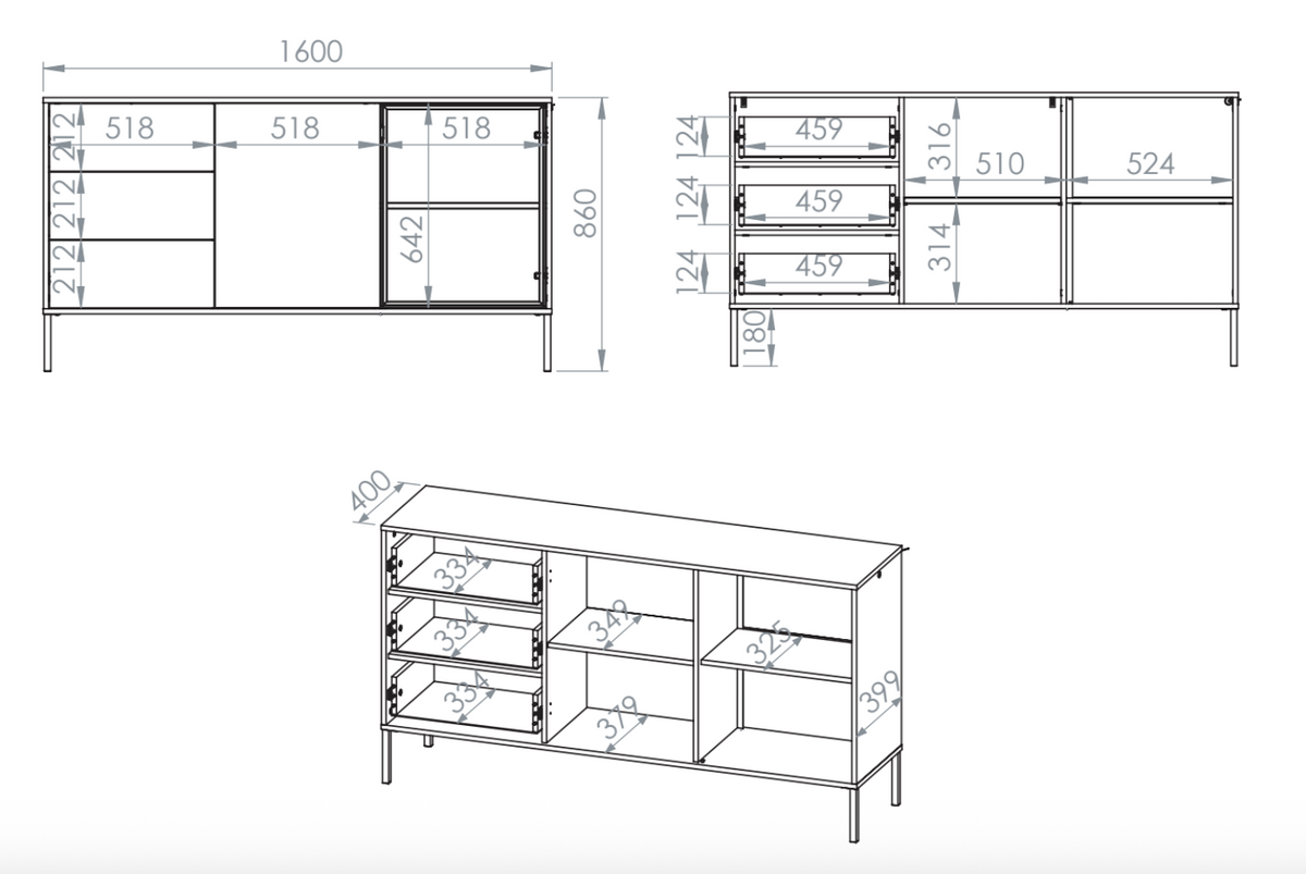 Commode 2 portes Barnee avec tiroirs et éclairage 160 cm cachemire