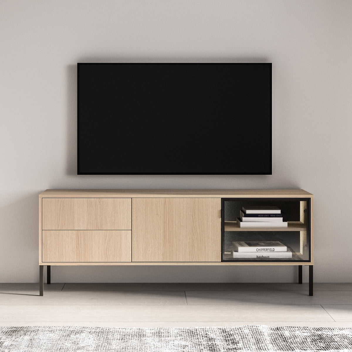 Meuble TV Barnee 2 portes avec tiroirs et éclairage 160 cm chêne lindberg