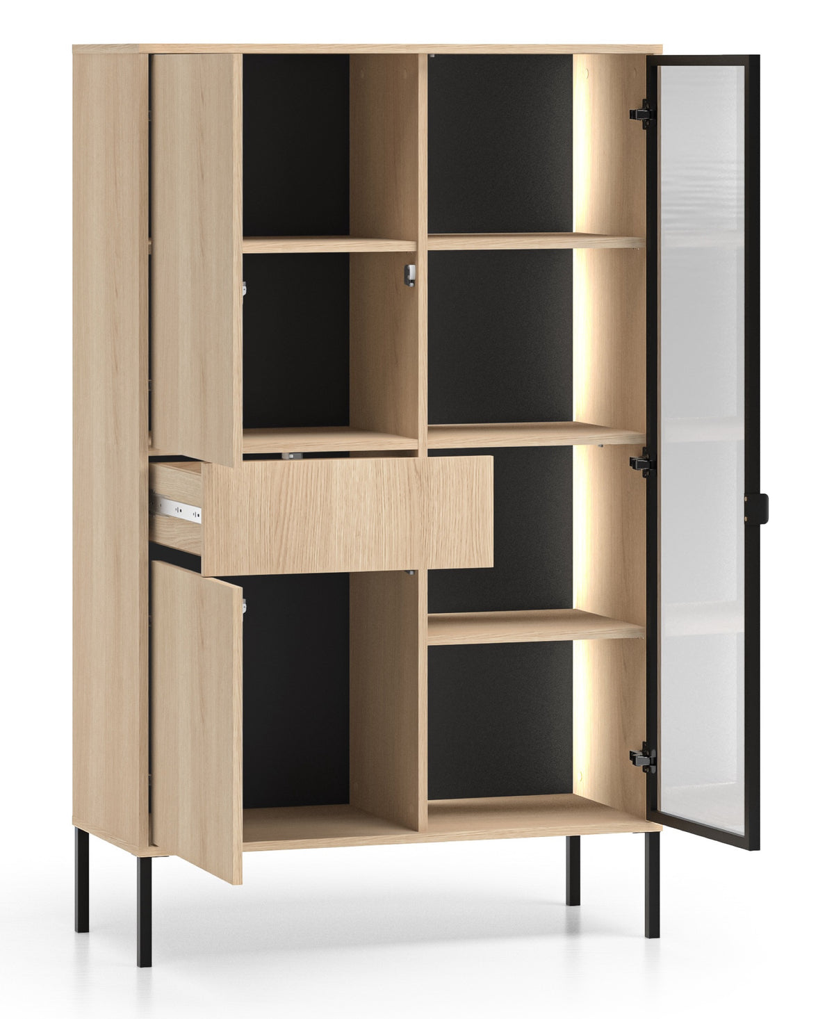 Vitrine trois portes Barnee avec tiroir et éclairage 92 cm chêne Lindberg