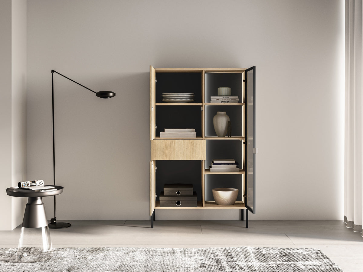 Vitrine trois portes Barnee avec tiroir et éclairage 92 cm chêne Lindberg