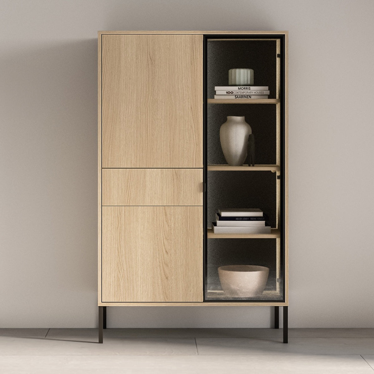 Vitrine trois portes Barnee avec tiroir et éclairage 92 cm chêne Lindberg
