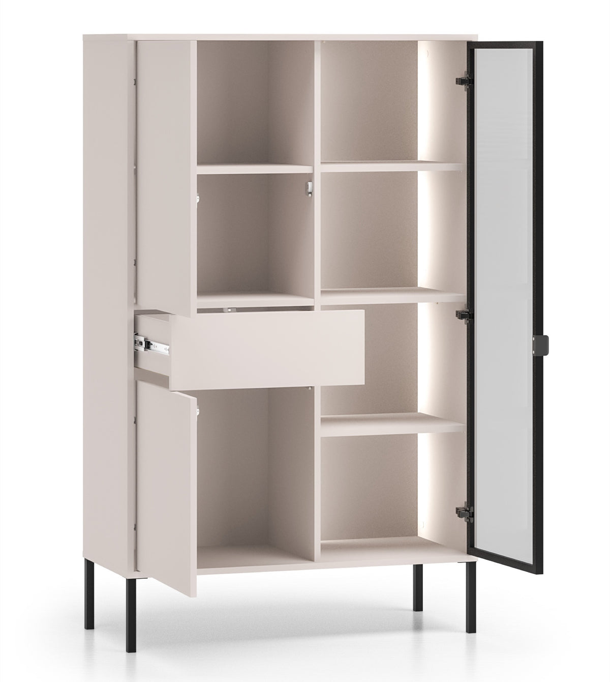 Vitrine trois portes Barnee avec tiroir et éclairage 92 cm cachemire