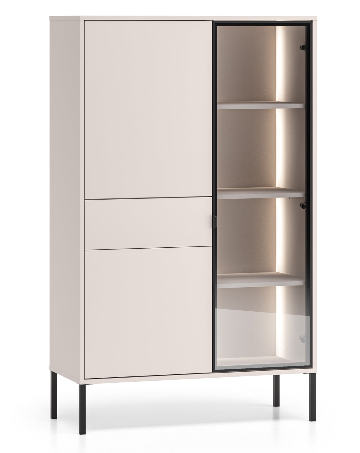 Vitrine trois portes Barnee avec tiroir et éclairage 92 cm cachemire