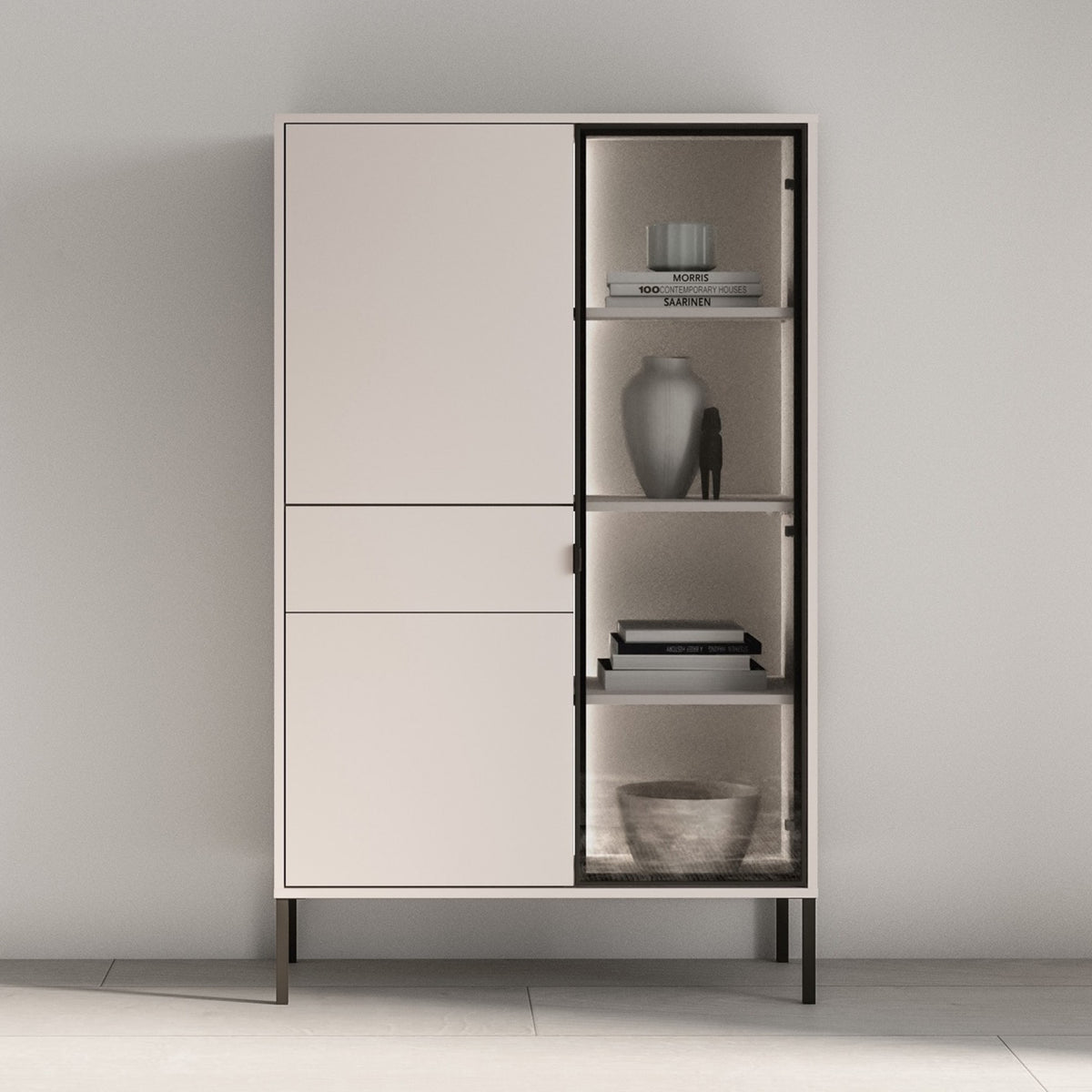 Vitrine trois portes Barnee avec tiroir et éclairage 92 cm cachemire