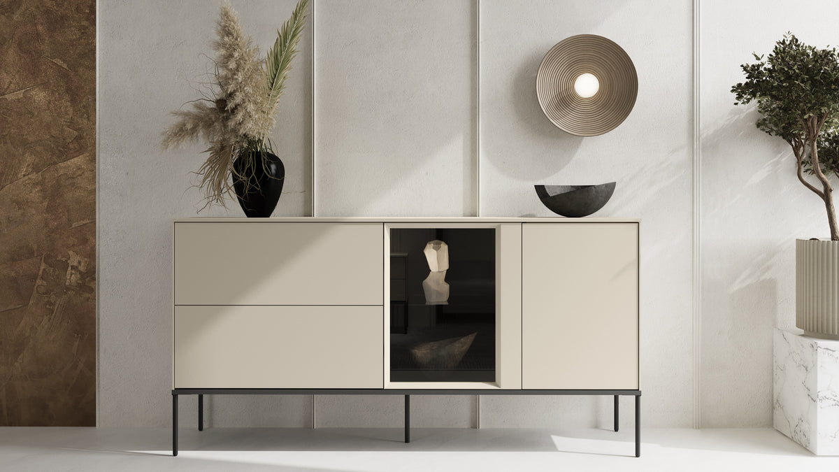 Einflügelsideboard Bellezo mit LED-Vitrine und zwei Schubladen, 166 cm, cremefarben