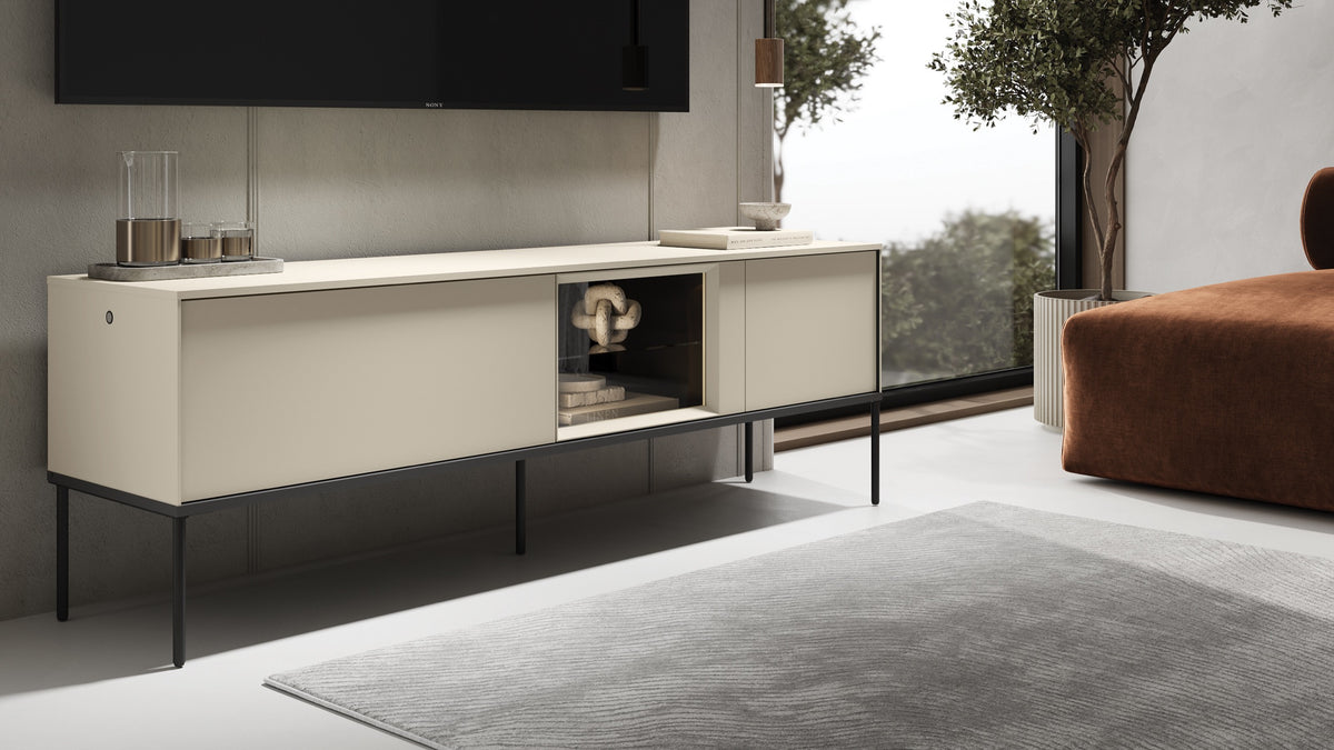 Meuble TV Bellezo avec vitrine LED 166 cm crème