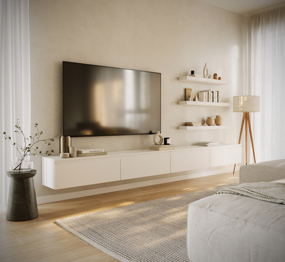 Meuble TV suspendu Bemmi 300 cm blanc