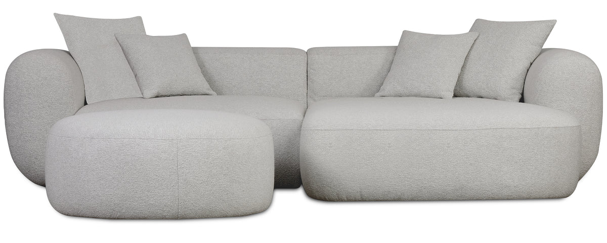 Modulare Baomi Eckcouch in L-Form mit Hocker, rechtsseitig, hellgrauer Chenille-Stoff