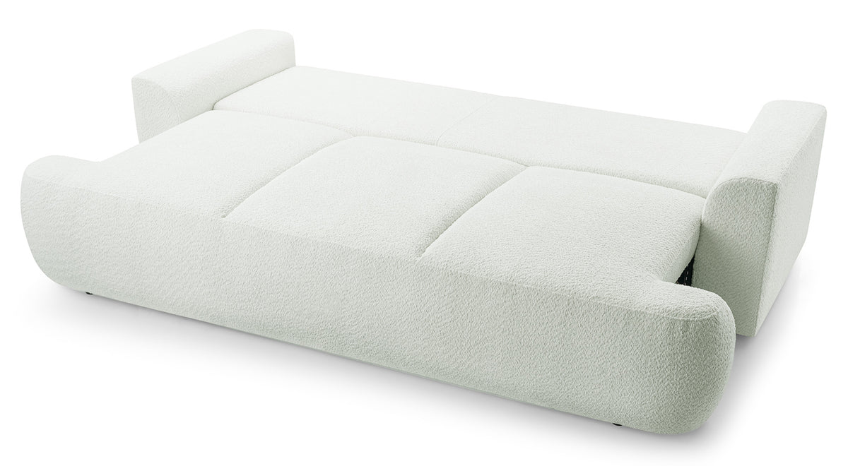 Canapé convertible 3 places Barletto avec coffre, bouclé crème