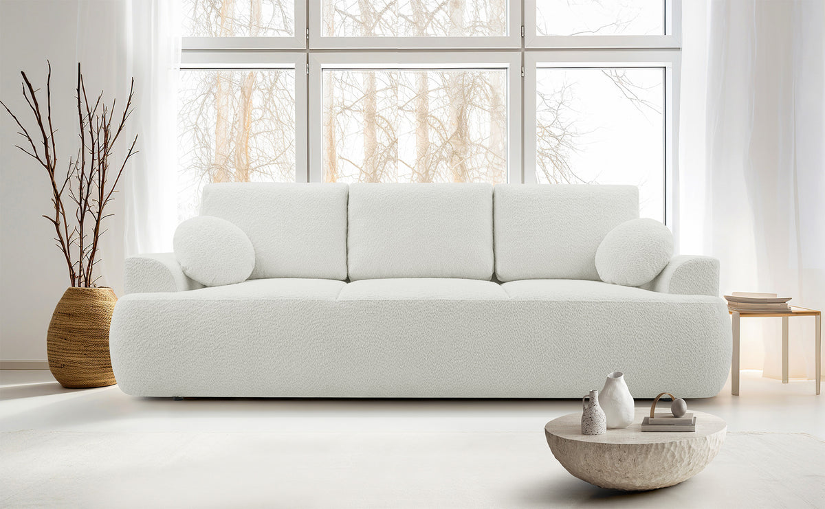 Canapé convertible 3 places Barletto avec coffre, bouclé beige clair