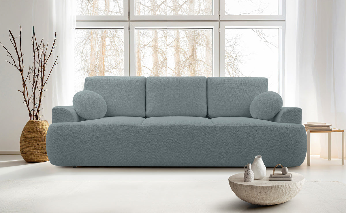 Canapé convertible 3 places Barletto avec rangement, tissu bouclé gris