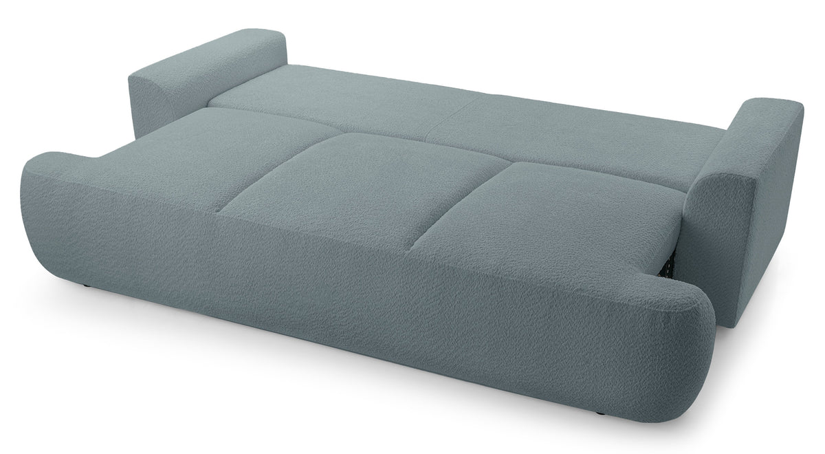 Dreisitziges, ausklappbares Sofa Barletto mit Stauraum, grauer Bouclé-Stoff