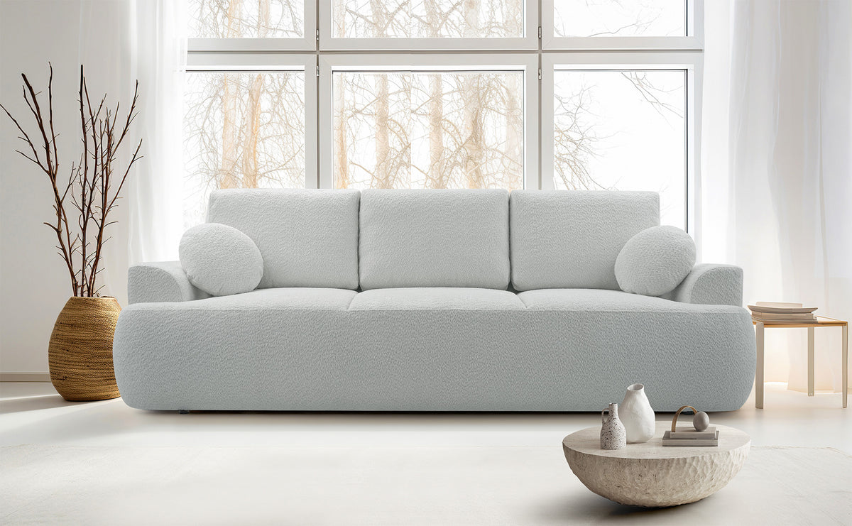 Canapé convertible 3 places Barletto avec rangement, bouclé gris-beige