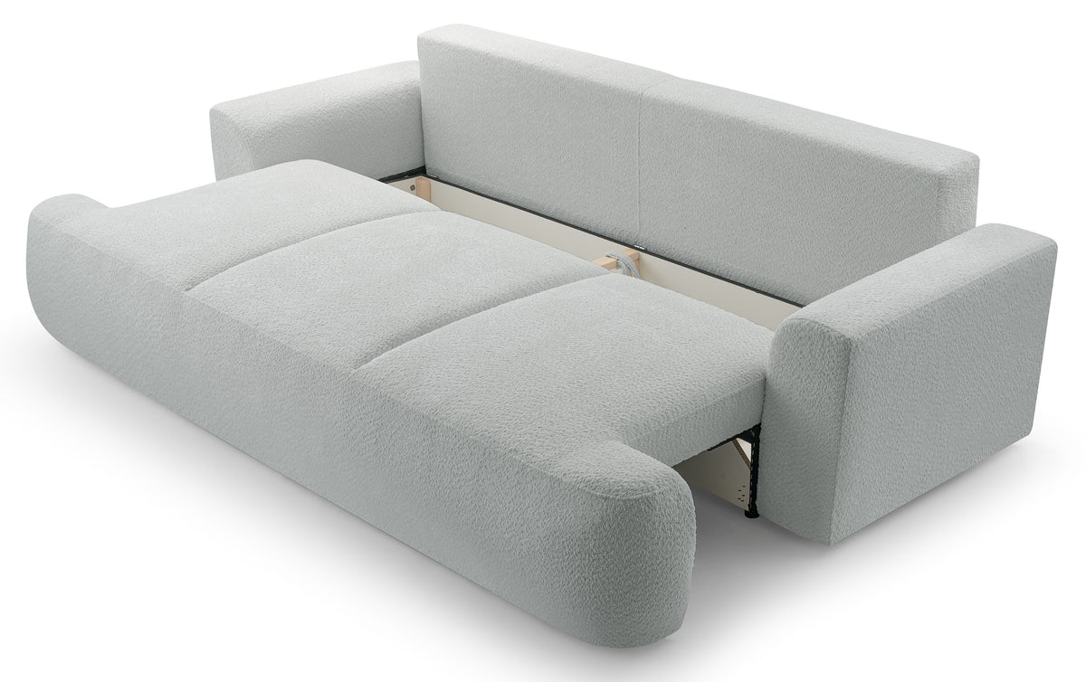 Canapé convertible 3 places Barletto avec rangement, bouclé gris-beige