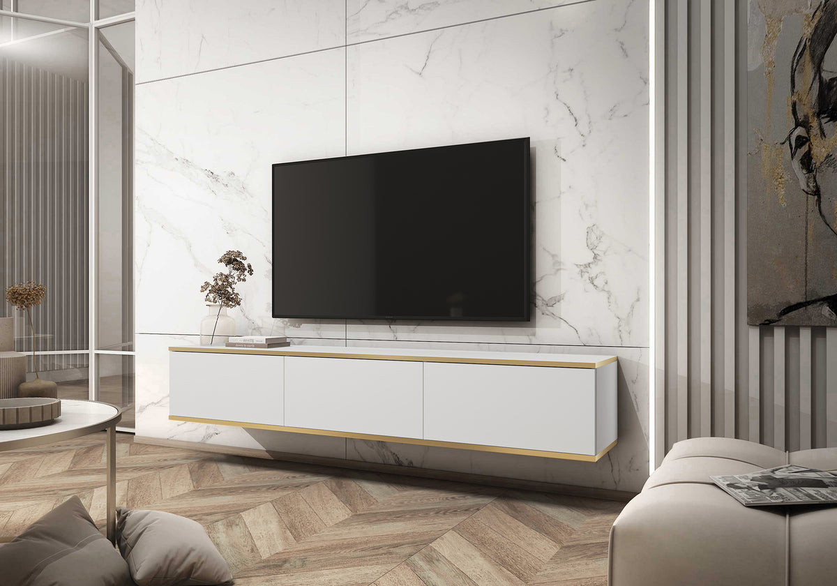Meuble TV Mucalma 175 cm blanc avec inserts dorés