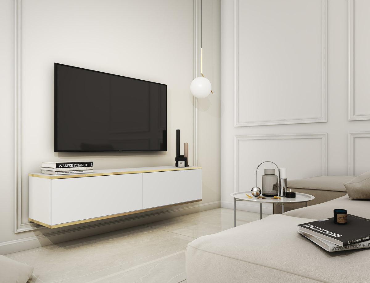 TV-Schrank Mucalma 135 cm weiß mit goldenen Applikationen