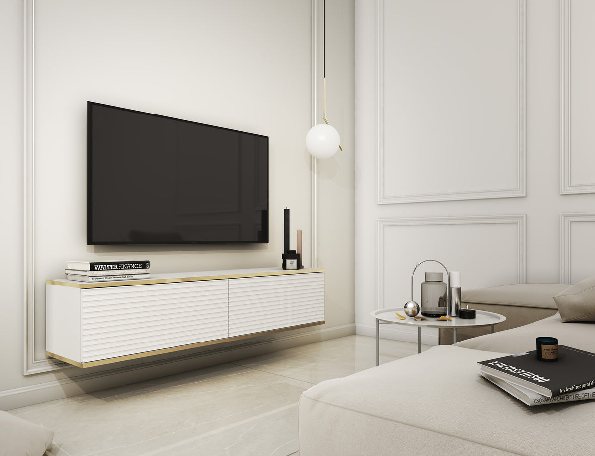 TV-Schrank Mucalma 135 cm weiß mit goldenen Lamellen-Akzenten