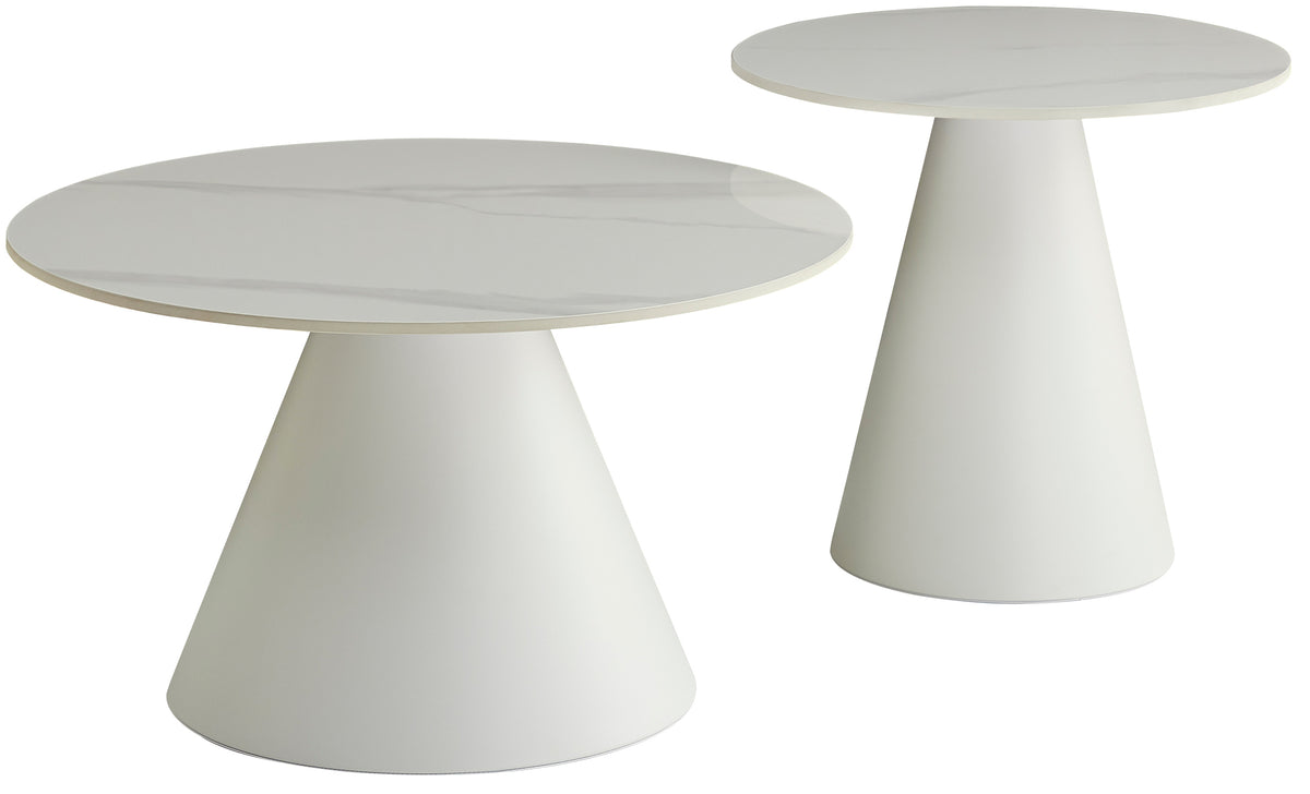 Blonco runde Couchtisch-Sets 50 und 70 cm weiß mit Steinplatte und Metallgestell