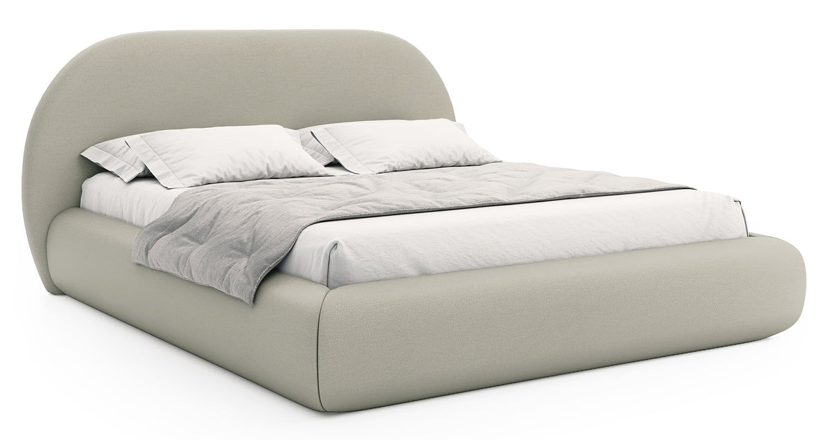 Lit tapissé 180x200 cm Buvio avec rangement, cadre métallique, tissu chenille beige clair
