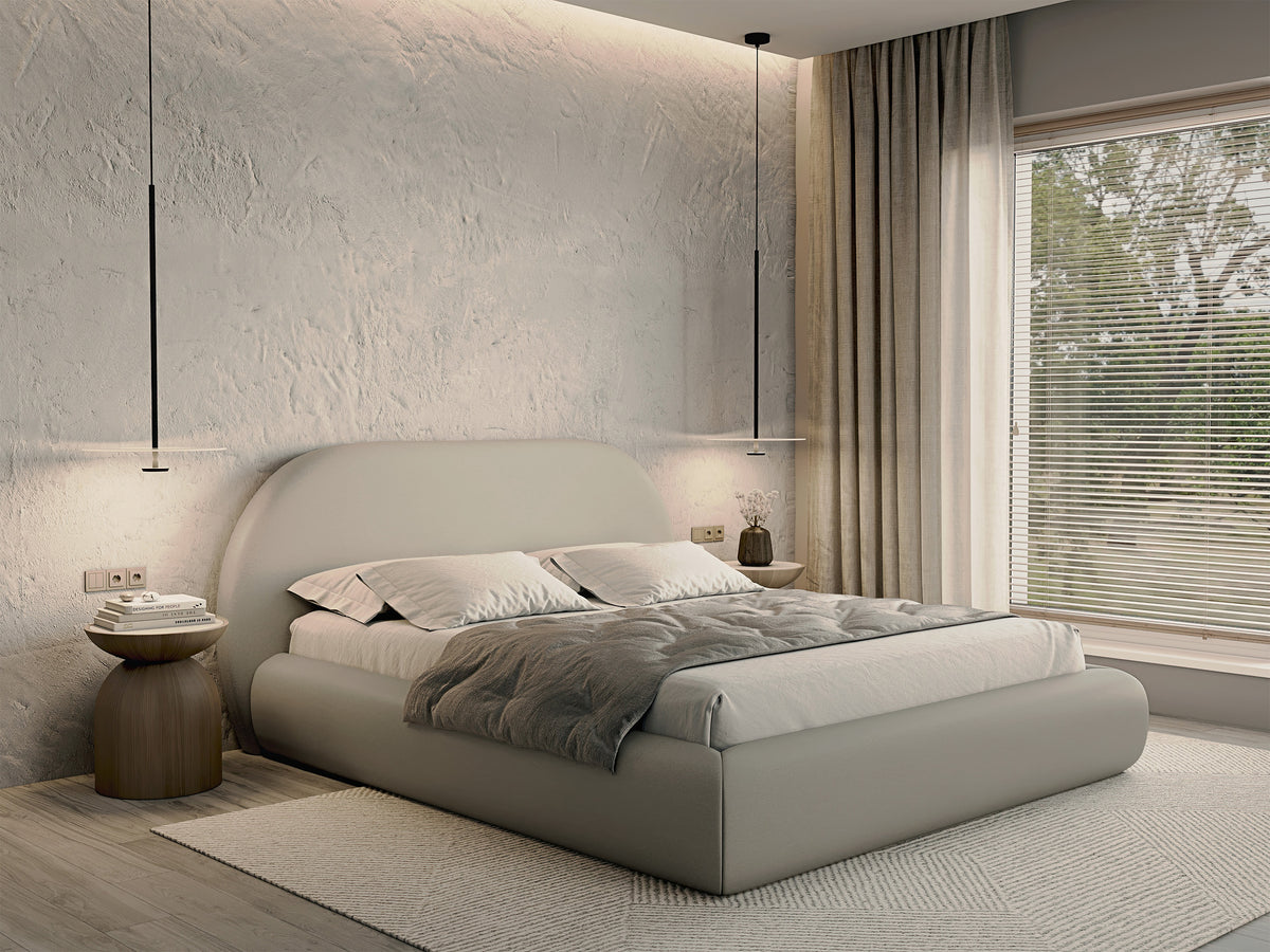 Lit tapissé 180x200 cm Buvio avec rangement, cadre métallique, tissu chenille beige clair