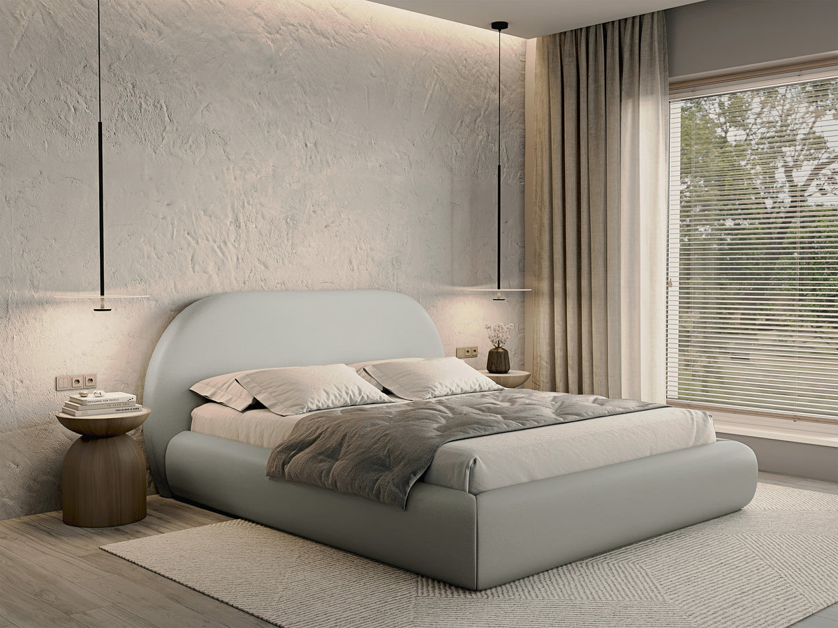 Polsterbett 140x200 cm Buvio mit Stauraum, Metallrahmen, grau-beiger Chenillestoff