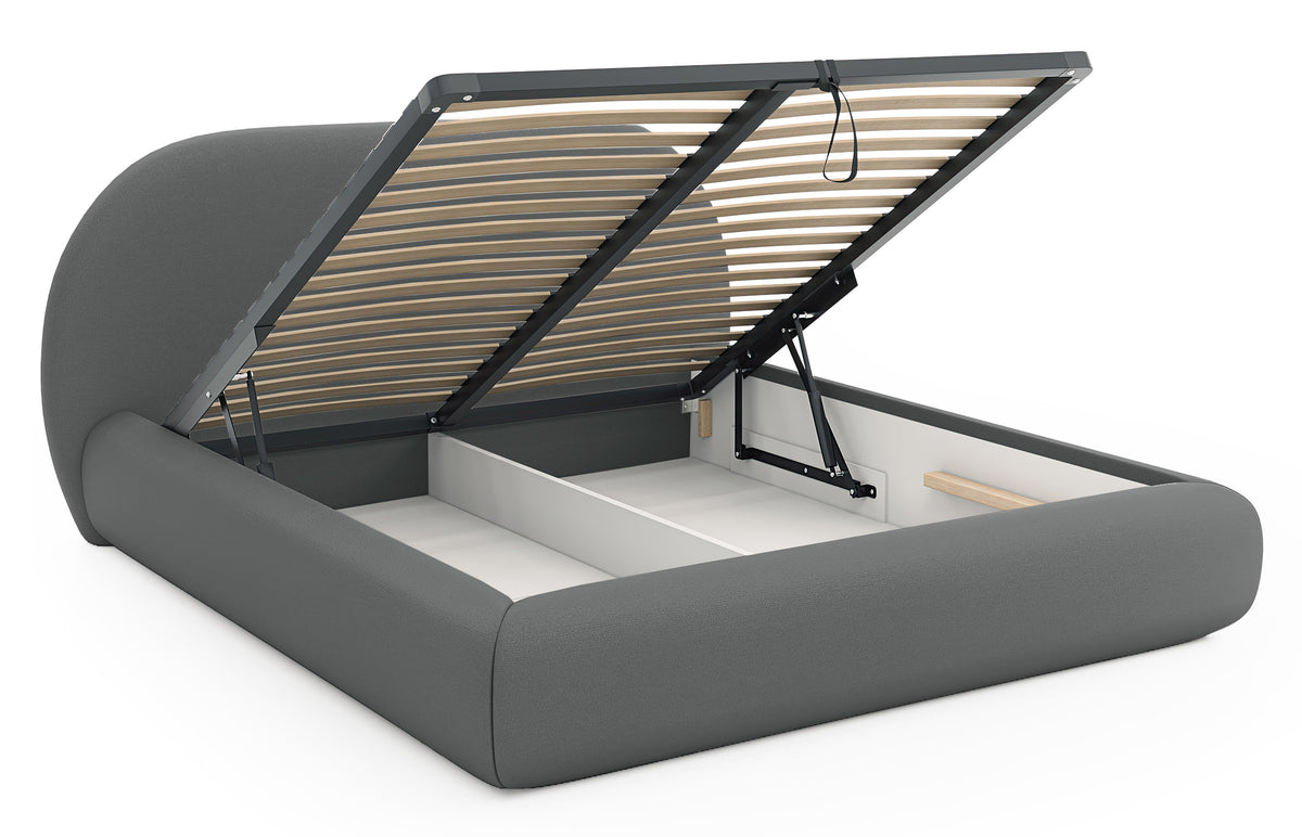 Gepolstertes Bett 160x200 cm Buvio mit Stauraum, Metallrahmen, grauer Chenille-Stoff