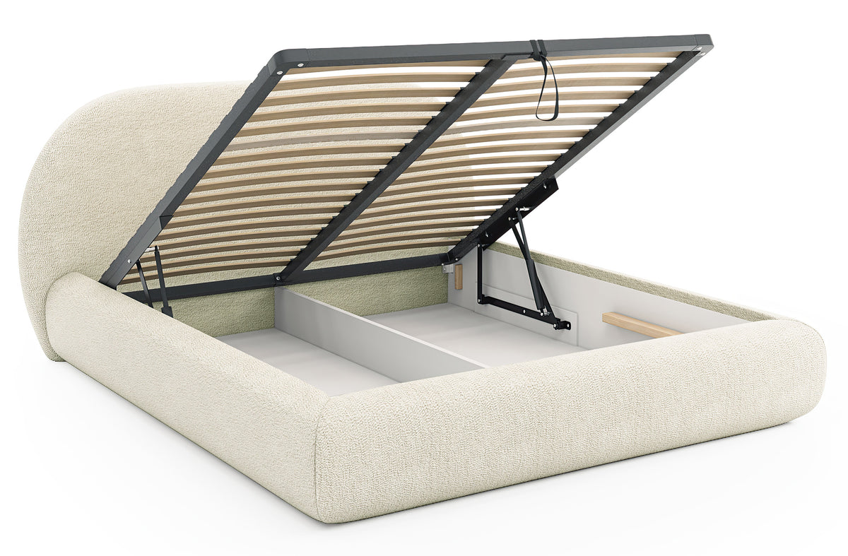 Lit tapissé 140x200 cm Buvio avec rangement, cadre métallique, bouclé crème