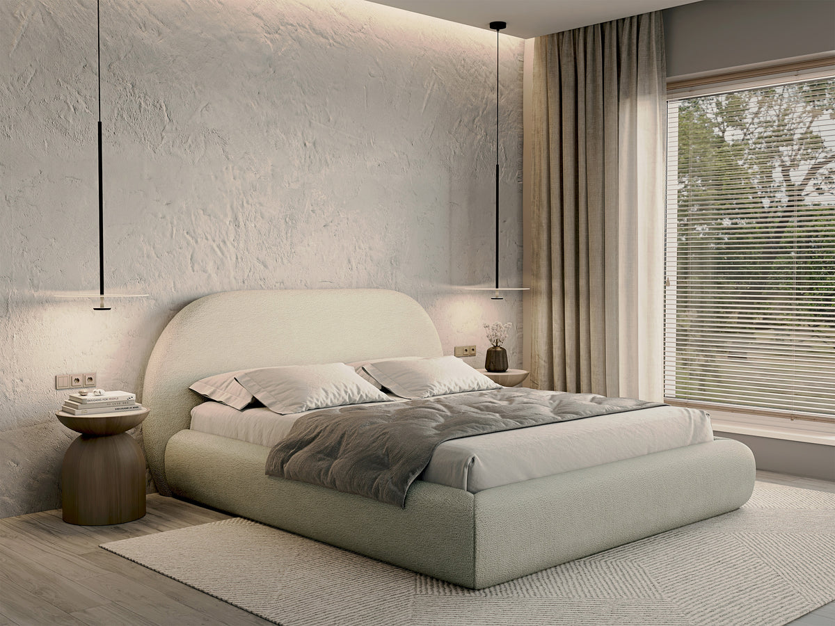 Lit tapissé 140x200 cm Buvio avec rangement, cadre métallique, bouclé crème