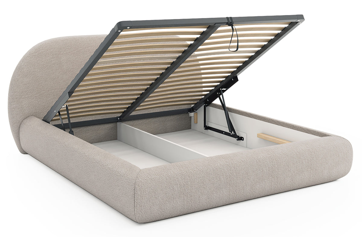 Lit tapissé 160x200 cm Buvio avec rangement, cadre métallique, boucle beige clair
