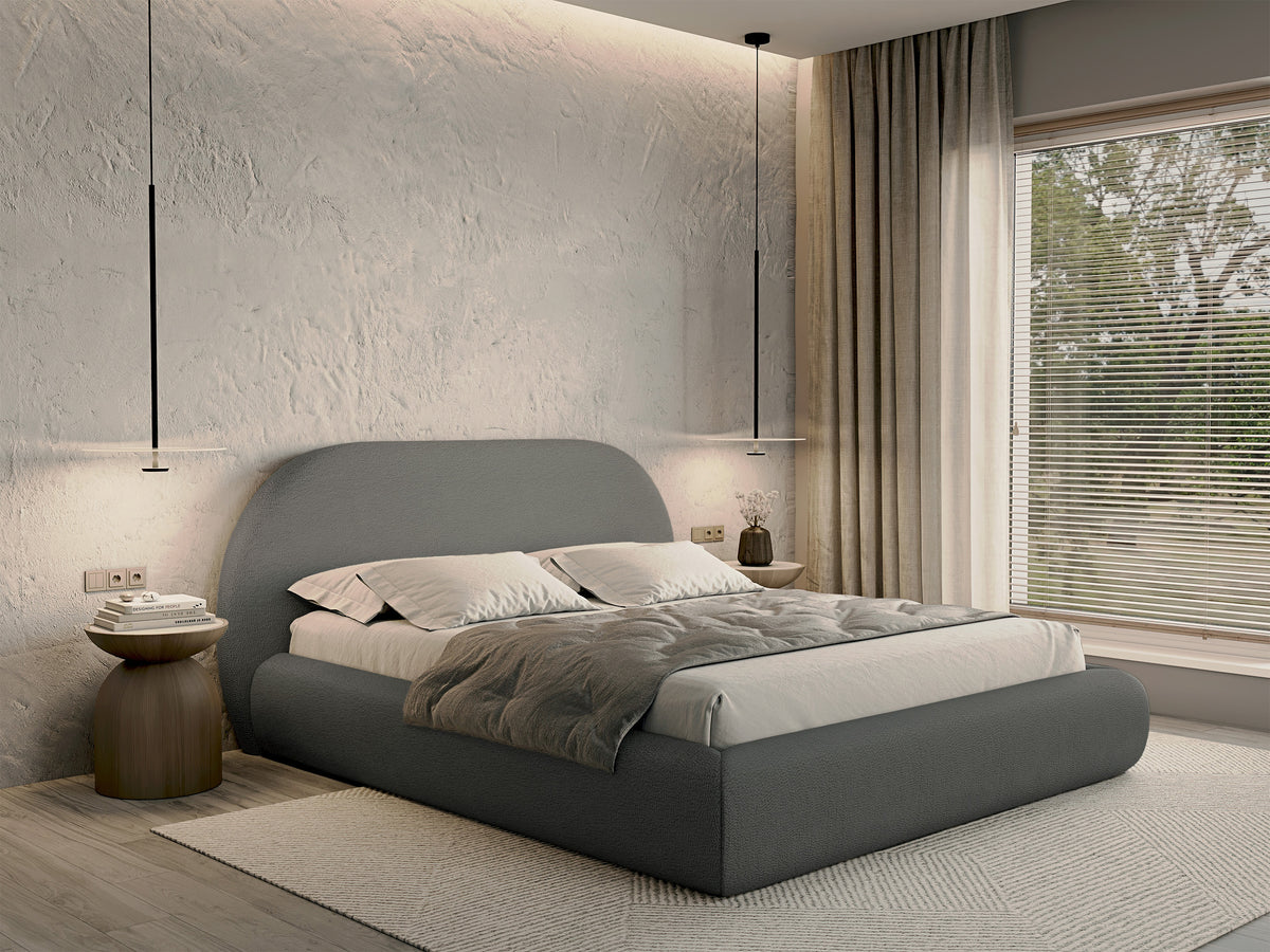 Polsterbett 140x200 cm Buvio mit Stauraum, Metallrahmen, grauer Bouclé-Stoff