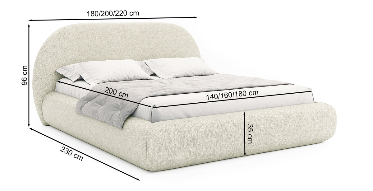 Lit tapissé 140x200 cm Buvio avec rangement, cadre métallique, bouclé crème