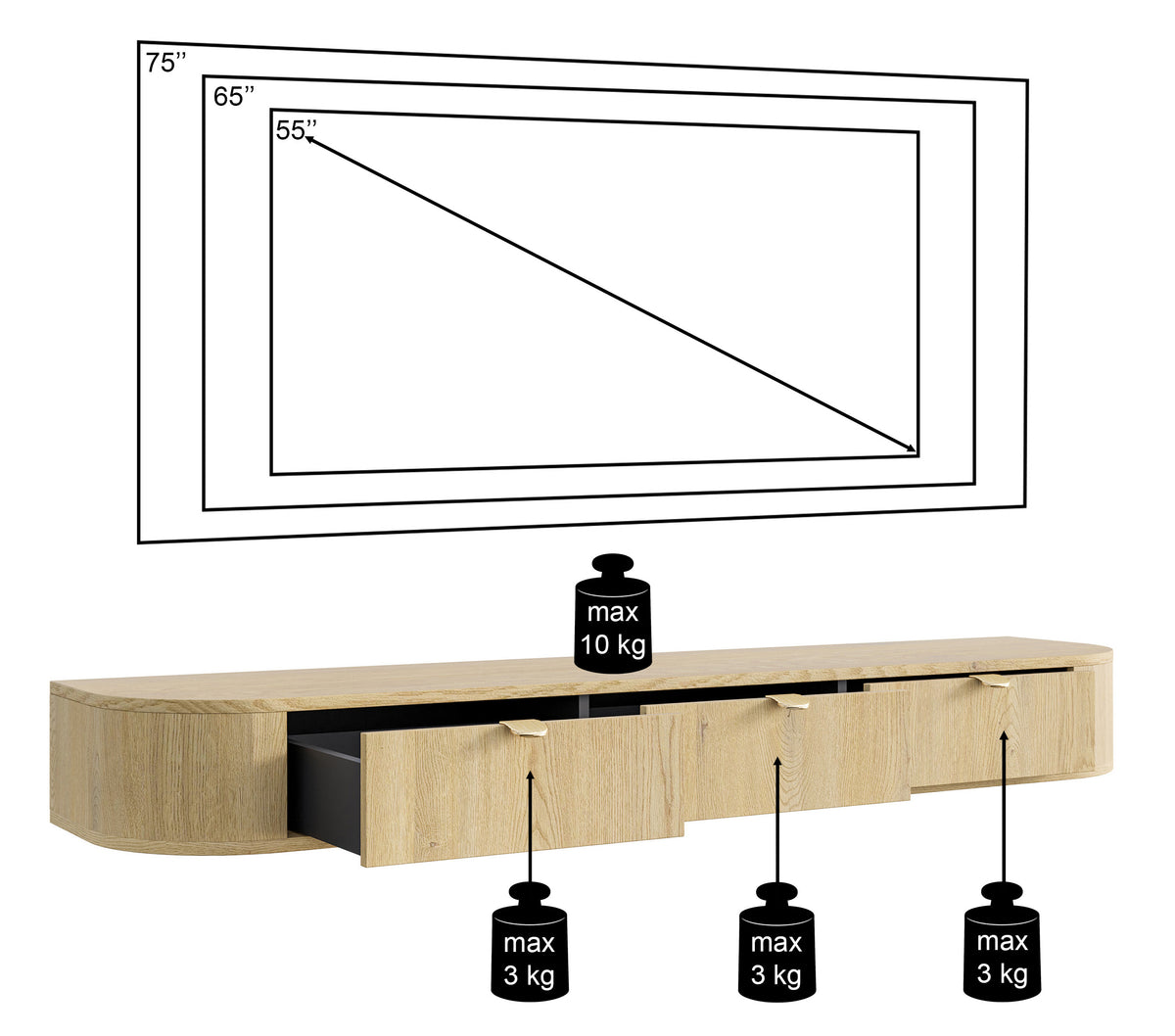 Meuble TV Coru Slim suspendu avec trois tiroirs 175 cm chêne Cremona Torro