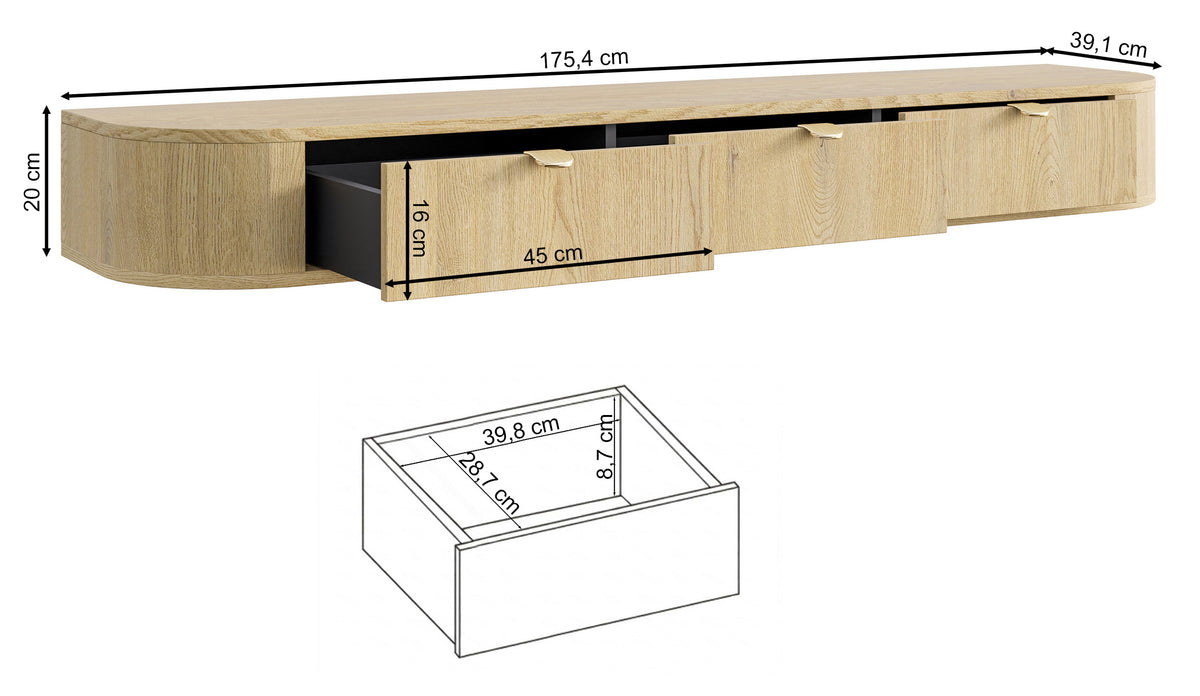 Meuble TV Coru Slim suspendu avec trois tiroirs 175 cm chêne Cremona Torro