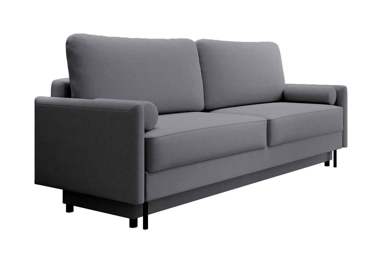 Dreisitziges ausklappbares Sofa Tomonde mit Stauraum, dunkelgrauer, pflegeleichter Samtstoff