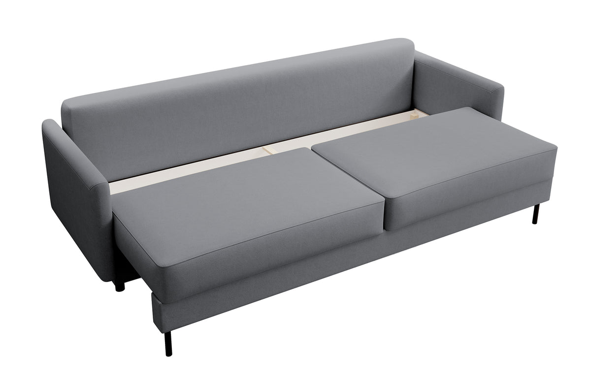 Dreisitziges ausklappbares Sofa Tomonde mit Stauraum, dunkelgrauer, pflegeleichter Samtstoff