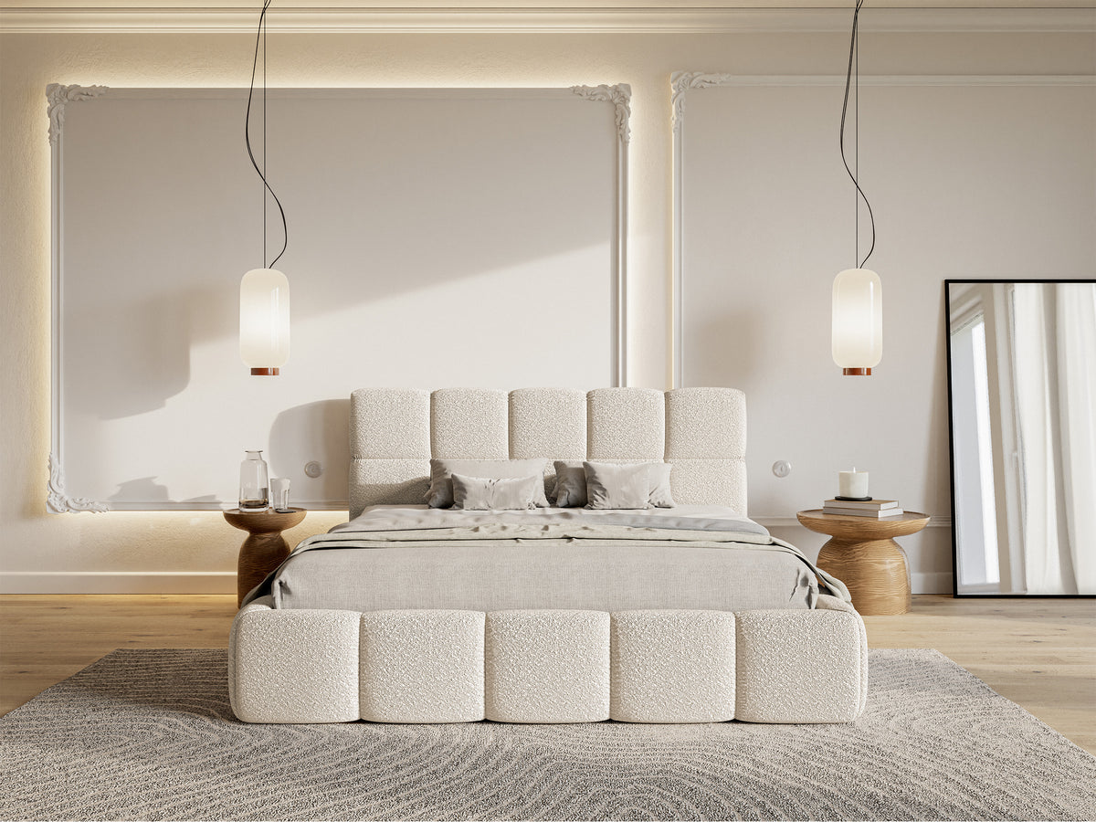 Polsterbett 120x200 cm Cloudy mit Stauraum, Metallrahmen, hellbeige Bouclé