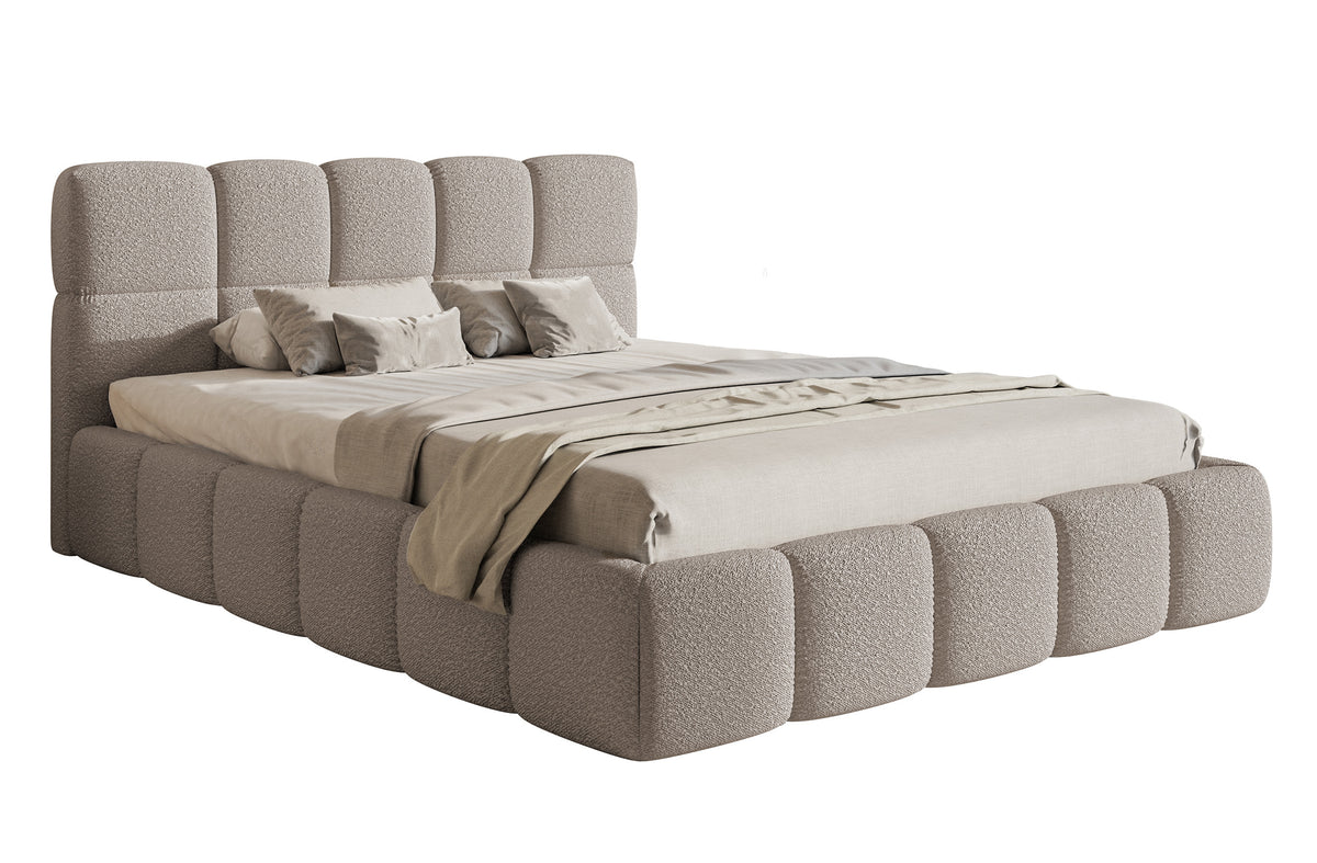 Gepolstertes Bett 120x200 cm Cloudy mit Stauraum, Metallrahmen, hellgrauer Bouclé-Stoff