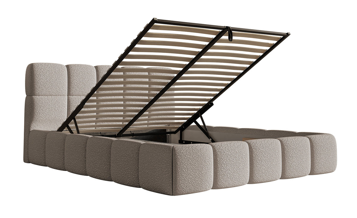 Gepolstertes Bett 120x200 cm Cloudy mit Stauraum, Metallrahmen, hellgrauer Bouclé-Stoff