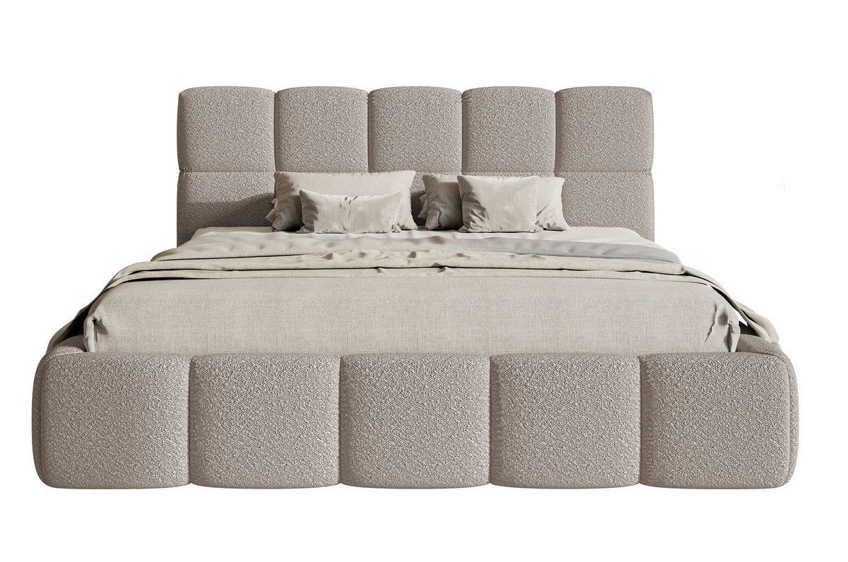Gepolstertes Bett 120x200 cm Cloudy mit Stauraum, Metallrahmen, hellgrauer Bouclé-Stoff