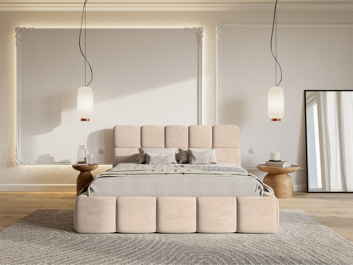 Polsterbett 120x200 cm Cloudy mit Stauraum, Metallrahmen, beige, wasserabweisender und pflegeleichter Samtstoff