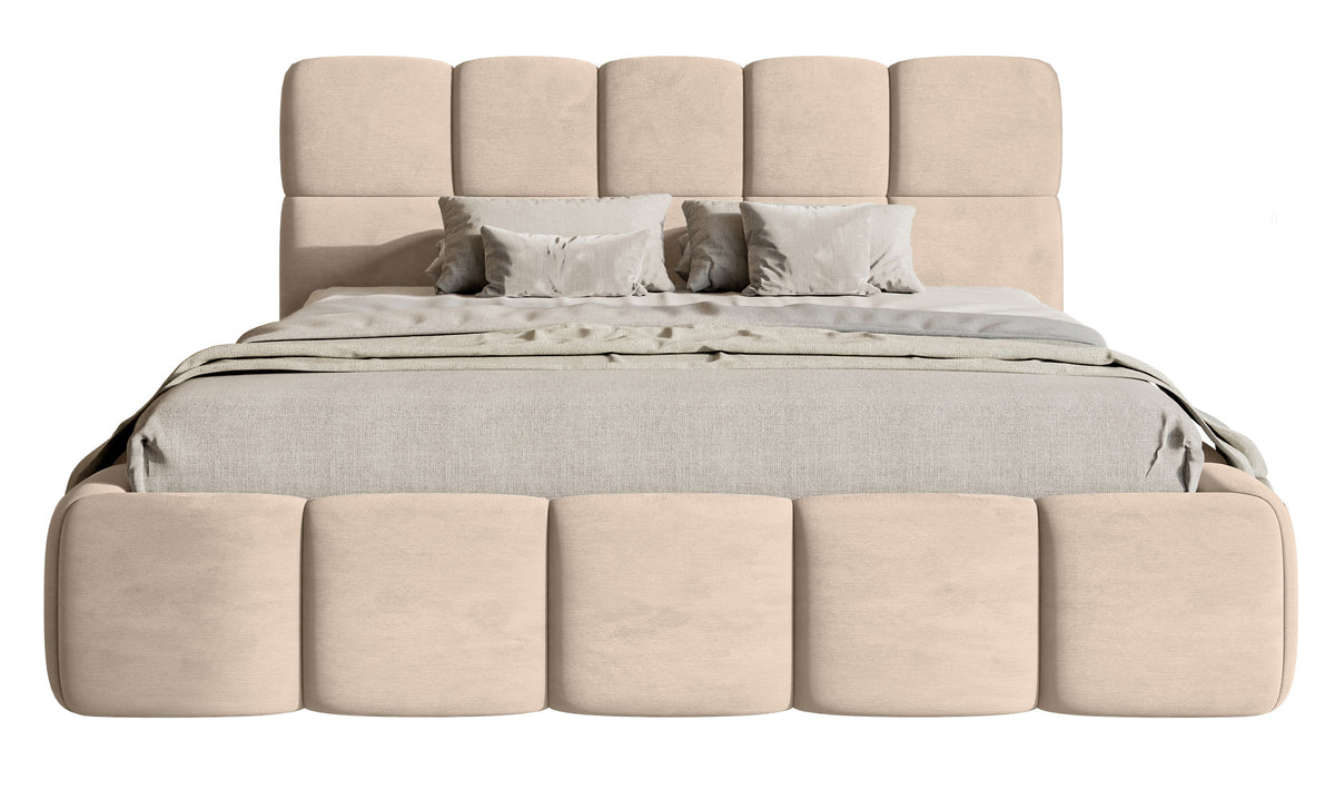 Polsterbett 120x200 cm Cloudy mit Stauraum, Metallrahmen, beige, wasserabweisender und pflegeleichter Samtstoff