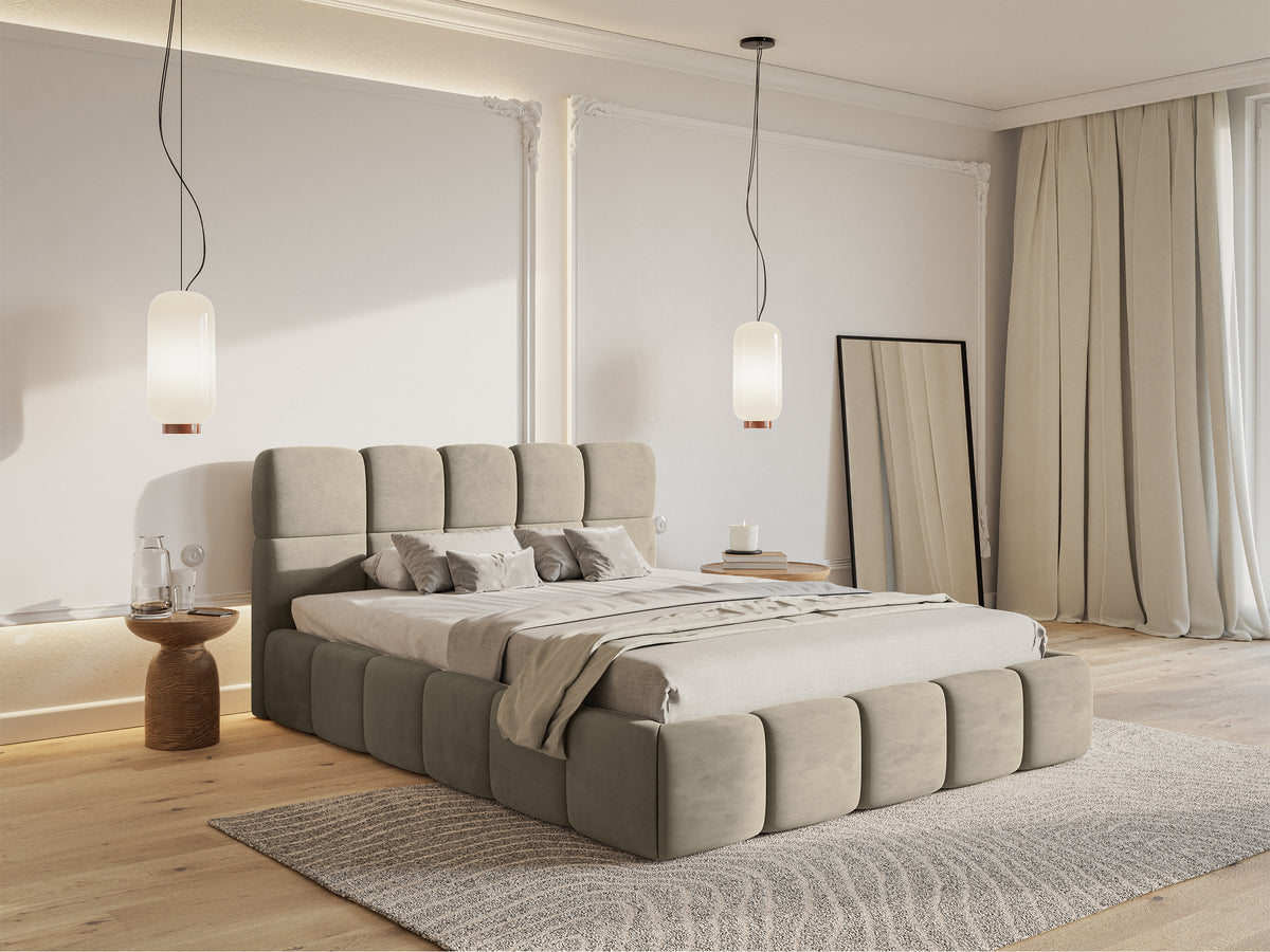 Polsterbett 120x200 cm Cloudy mit Stauraum, Metallrahmen, grau-beiges Velours, wasserabweisend und pflegeleicht