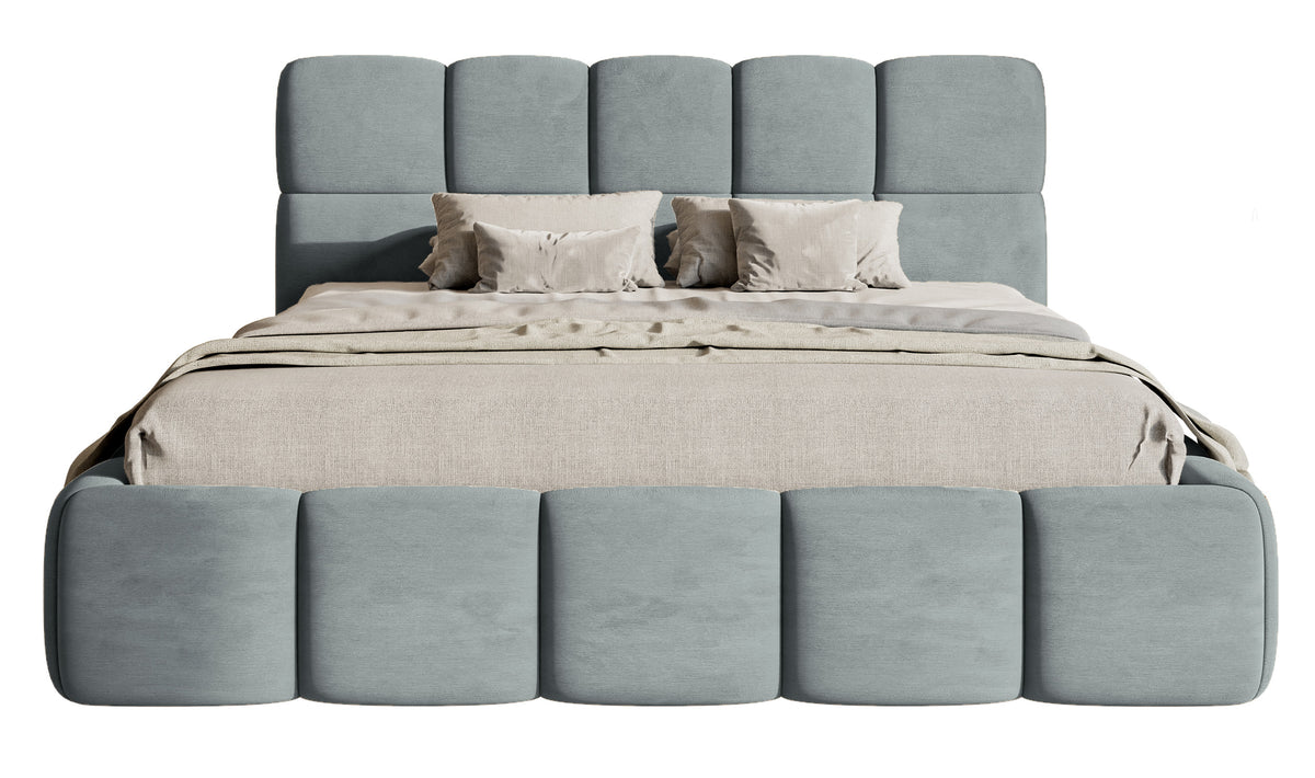 Gepolstertes Bett 120x200 cm Cloudy mit Stauraum, Metallrahmen, grauer Veloursstoff, wasserabweisend und pflegeleicht
