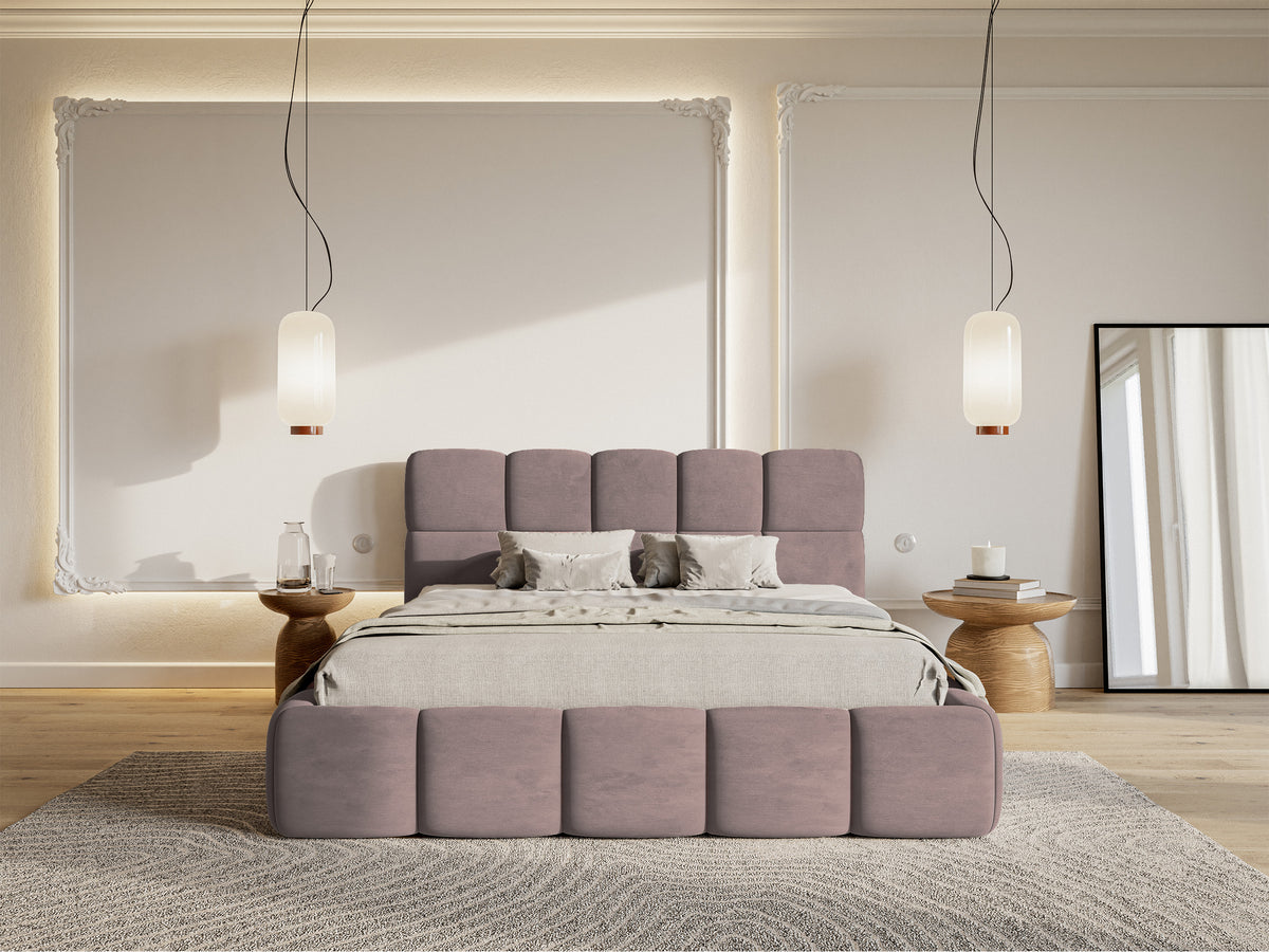 Gepolstertes Bett 120x200 cm Cloudy mit Stauraum, Metallrahmen, hellrosa Velours, wasserabweisend und leicht zu reinigen