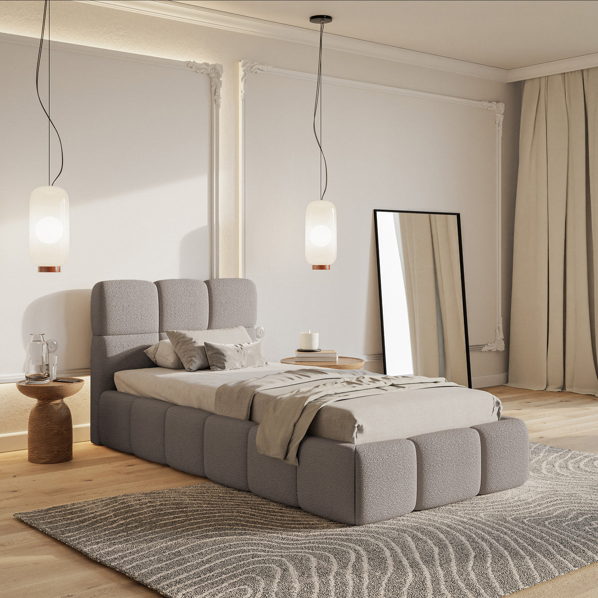 Gepolstertes Bett 90x200 cm Cloudy mit Stauraum, Metallrahmen, hellgrauer Bouclé-Stoff