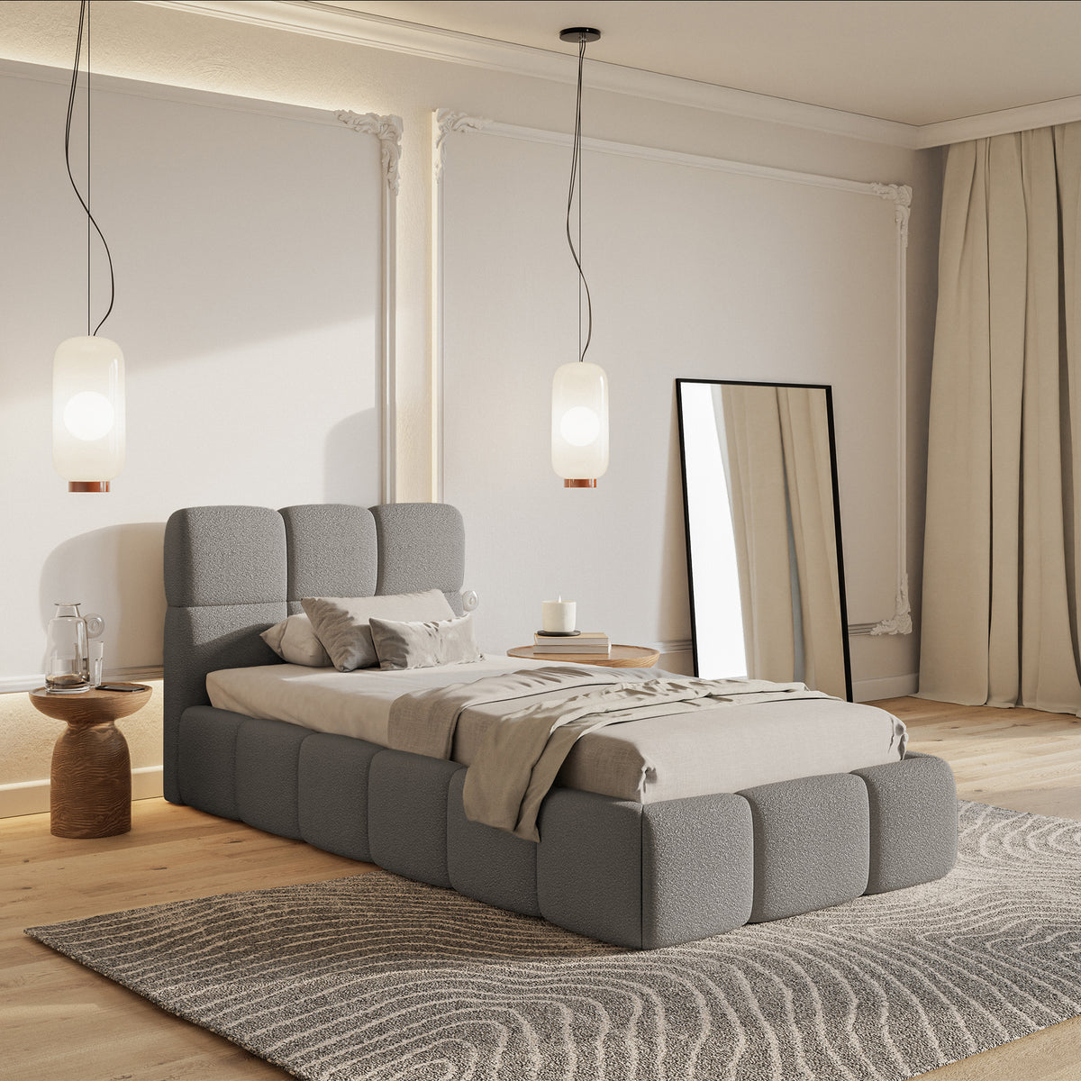 Lit tapissé 90x200 cm Cloudy avec rangement, cadre métallique, bouclé gris